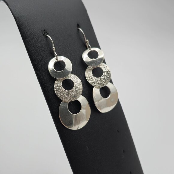 950 Silver Bright Tiered Circles Dangle Earrings A3493 - Picture 2 of 5